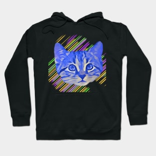 Blue Kitty Face Colorful Stripes Hoodie